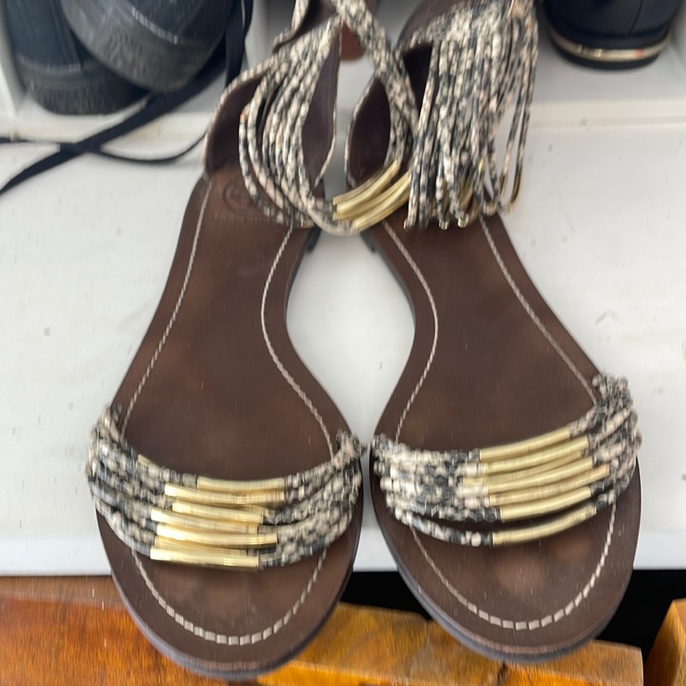 Snake skin and gold Tory Burch sandals